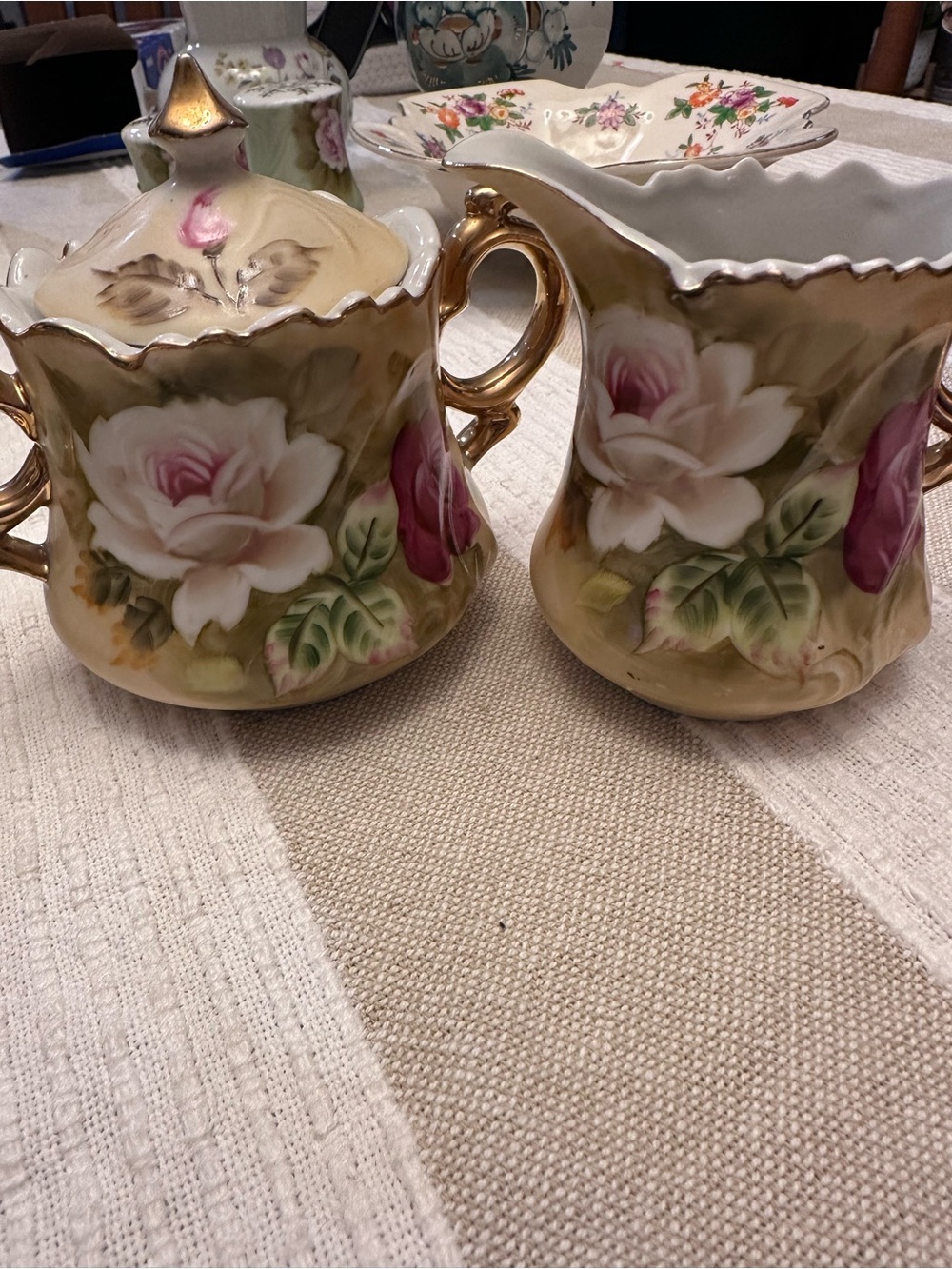 Heritage Brown Rose Porcelain Creamer and Sugar Set